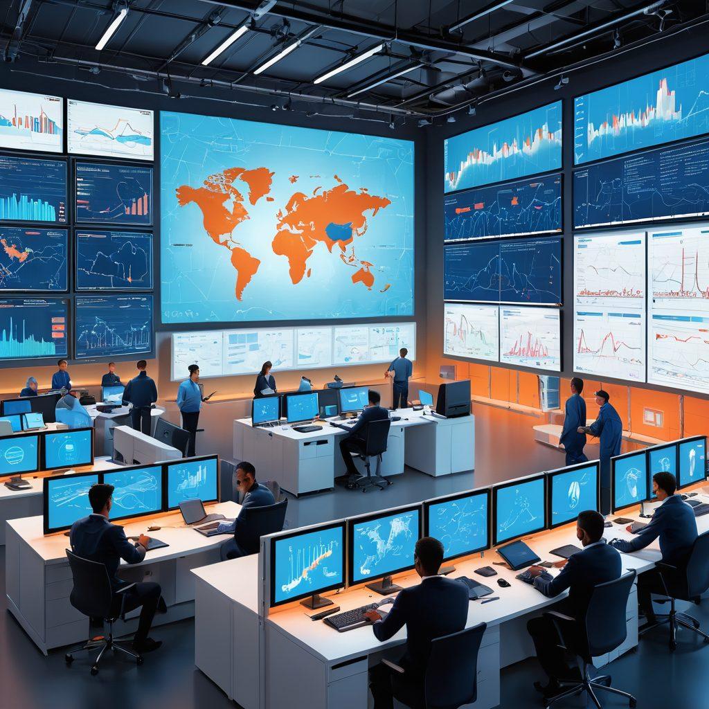 Illustration of a bustling logistics control room with floating digital screens displaying data load boards. Showcase a diverse team analyzing graphs and charts, strategizing on delivery management. Include elements like shipping containers, delivery trucks, and a world map with shipping routes illuminated. Bright, engaging colors to emphasize efficiency and technology. vector art. vibrant colors. white background.