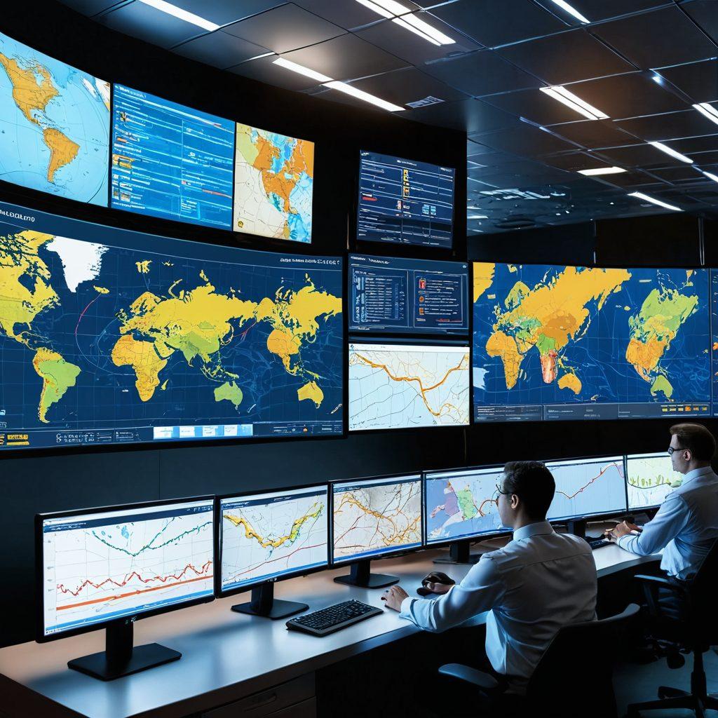 A dynamic scene showcasing a sophisticated logistics control room with multiple screens displaying real-time shipment tracking, maps, and data analytics. In the foreground, diverse professionals collaborate, pointing at a large digital map with shipment routes highlighted. The background features a blend of freight containers and a cargo ship, symbolizing effective freight management. Bright accents to convey innovation and urgency. super-realistic. vibrant colors. 3D.