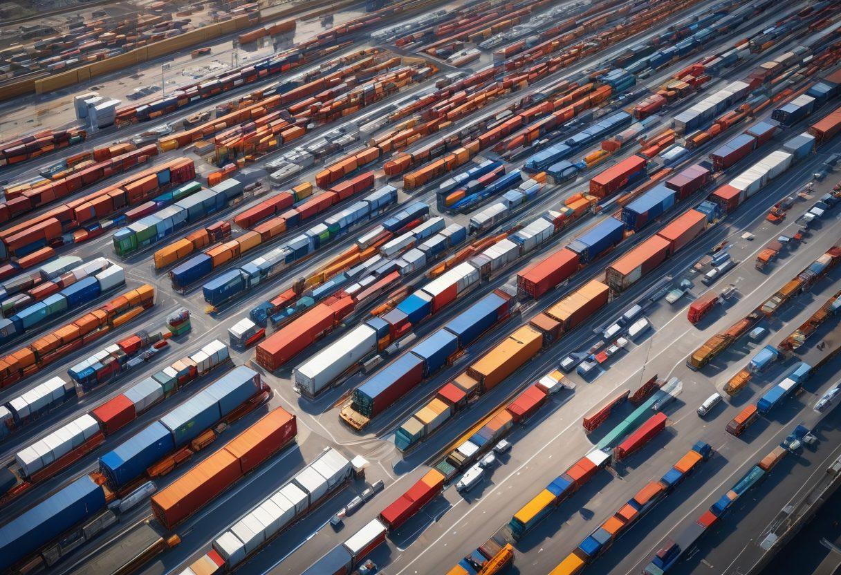 A bustling logistics hub with trucks loading and unloading cargo, a digital screen displaying real-time route optimization, a diverse team of professionals collaborating over a map, and aerial views of highways and freight yards in the background. Capture the dynamic energy of transportation management with vibrant colors and modern technology elements. super-realistic. vibrant colors. 3D.